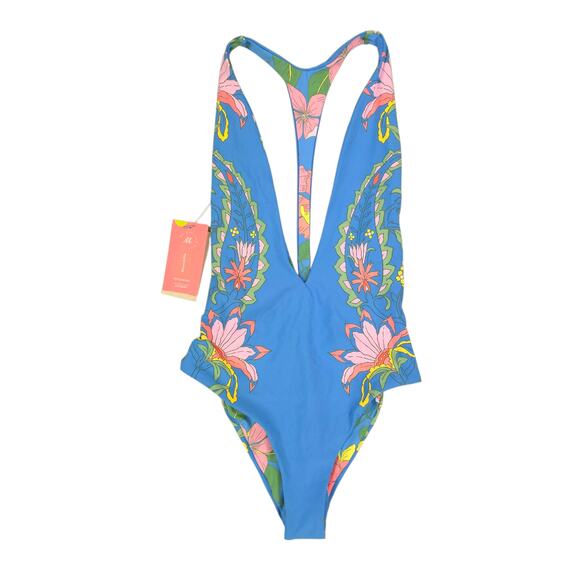 Maaji One Piece Swimsuit Maya Blue Tiki Plunge Reversible Floral Racerback - Picture 3 of 14